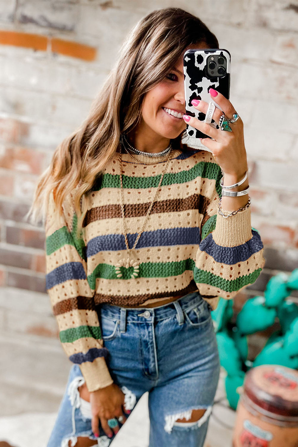 Multicolor Striped Hollowed Knitted Loose Sweater *