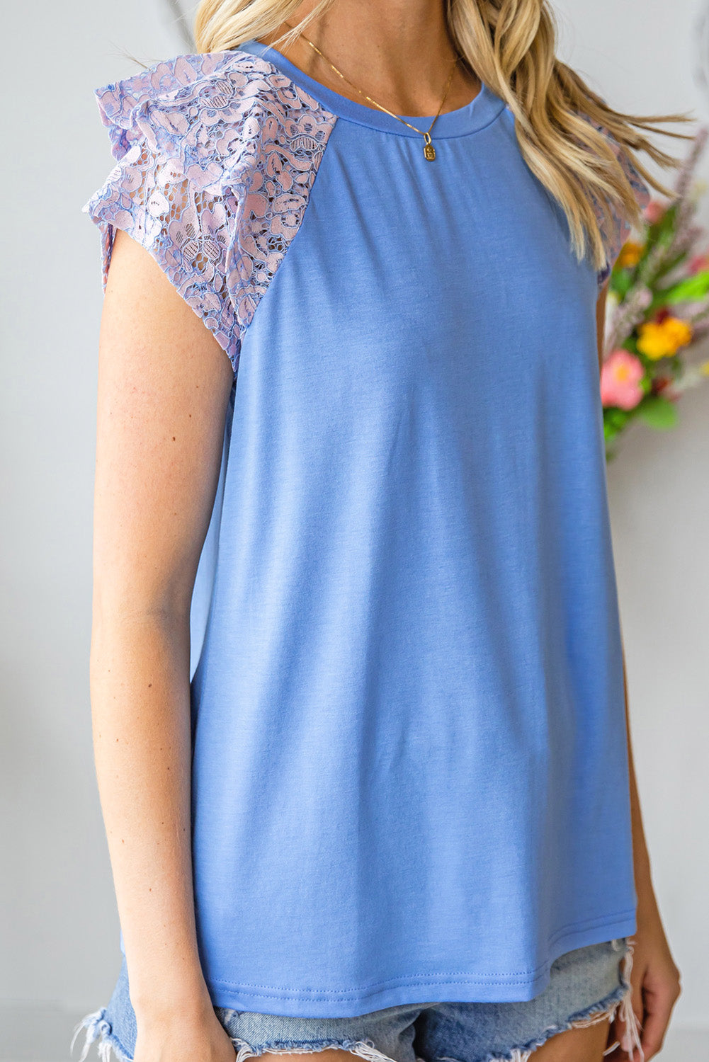 Light Blue Casual Tiered Lace Sleeve Summer Top*