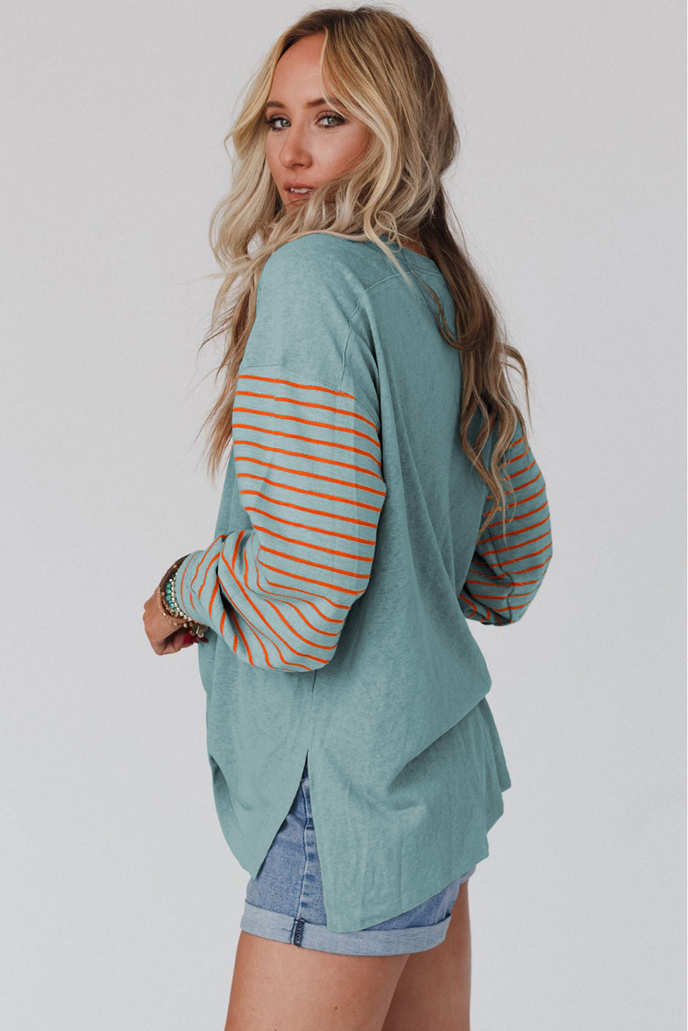 Green Colorblock Striped Bishop Sleeve Top with Side Slits *