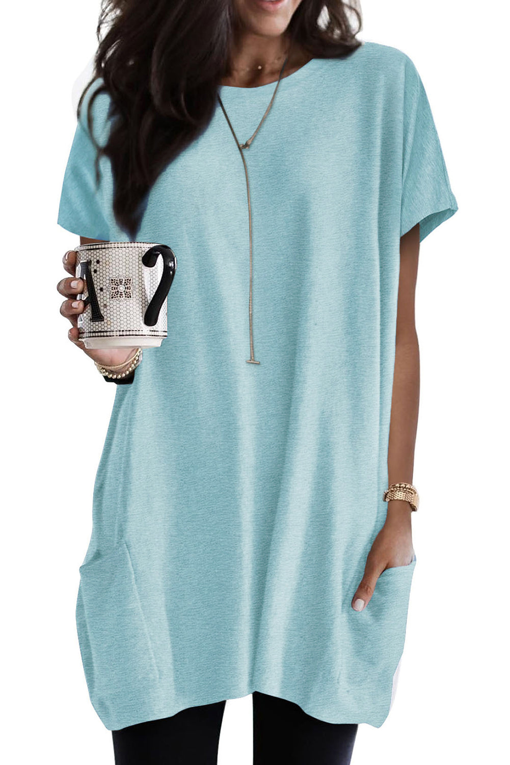 Light Blue Loose Pocket Casual Tunic Long T-Shirt