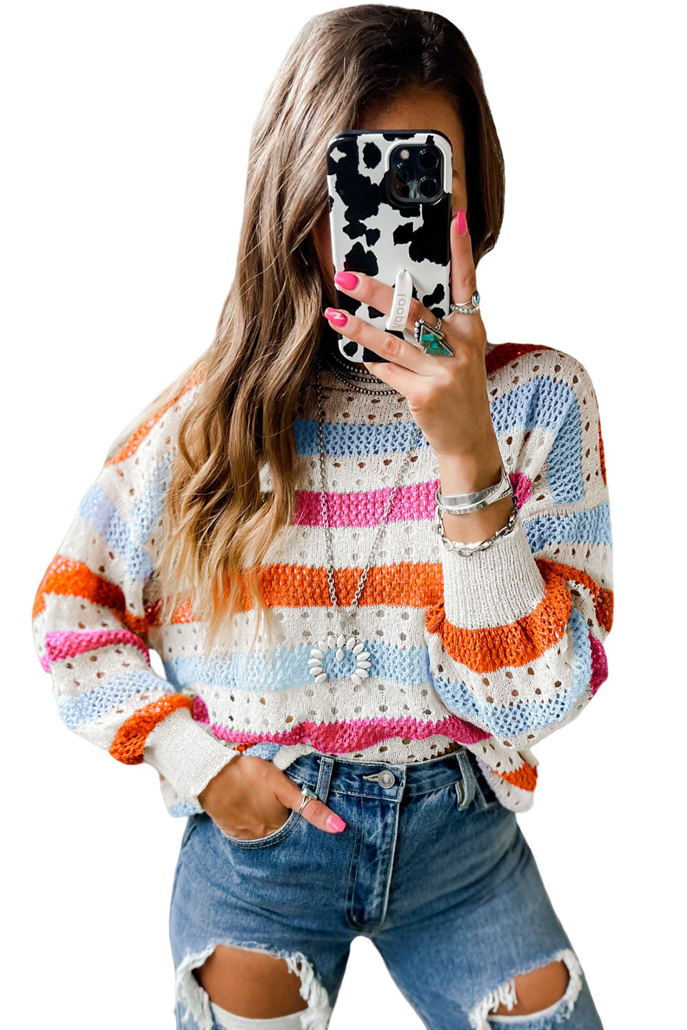 Multicolor Striped Hollowed Knitted Loose Sweater *