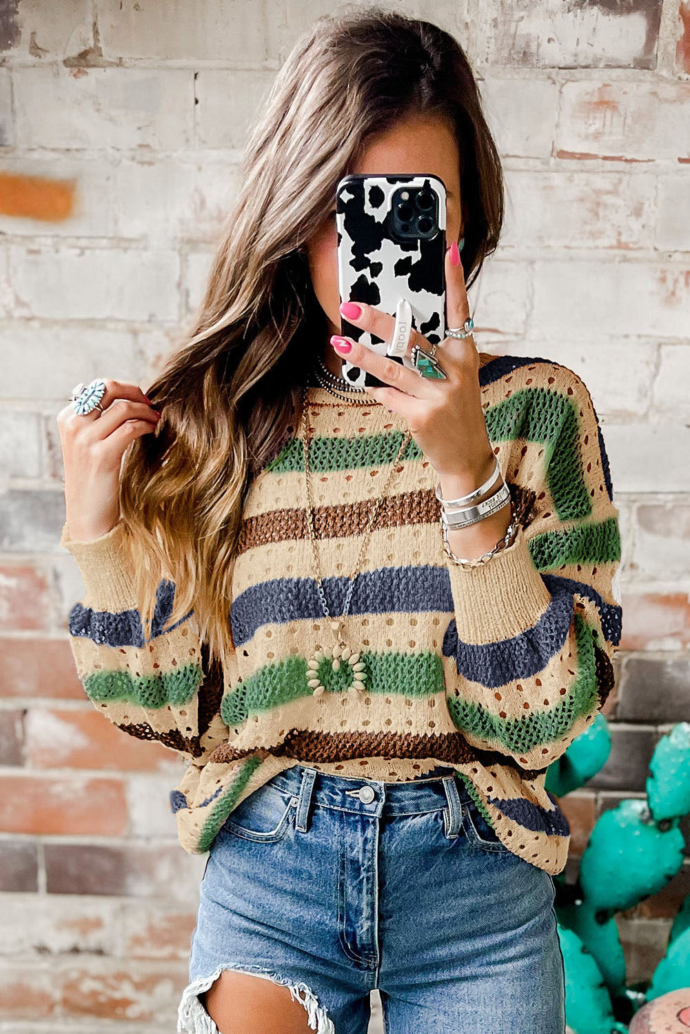 Multicolor Striped Hollowed Knitted Loose Sweater *