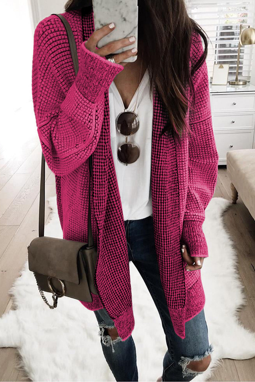 Pink Plaid Contrast Trim Casual Knit Long Cardigan*