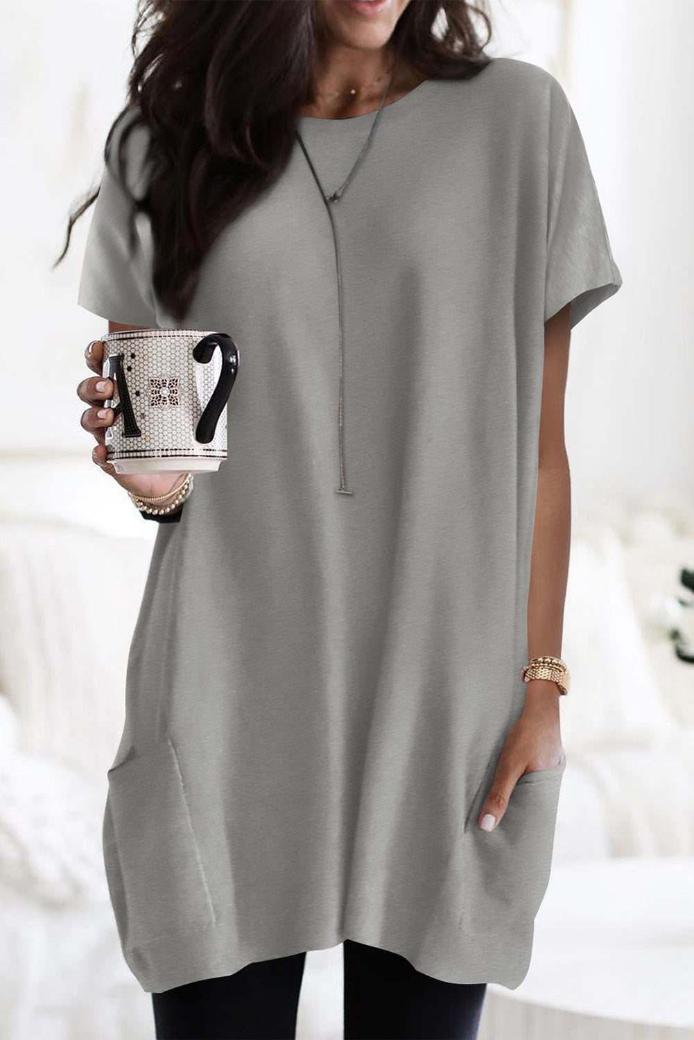 Light Blue Loose Pocket Casual Tunic Long T-Shirt