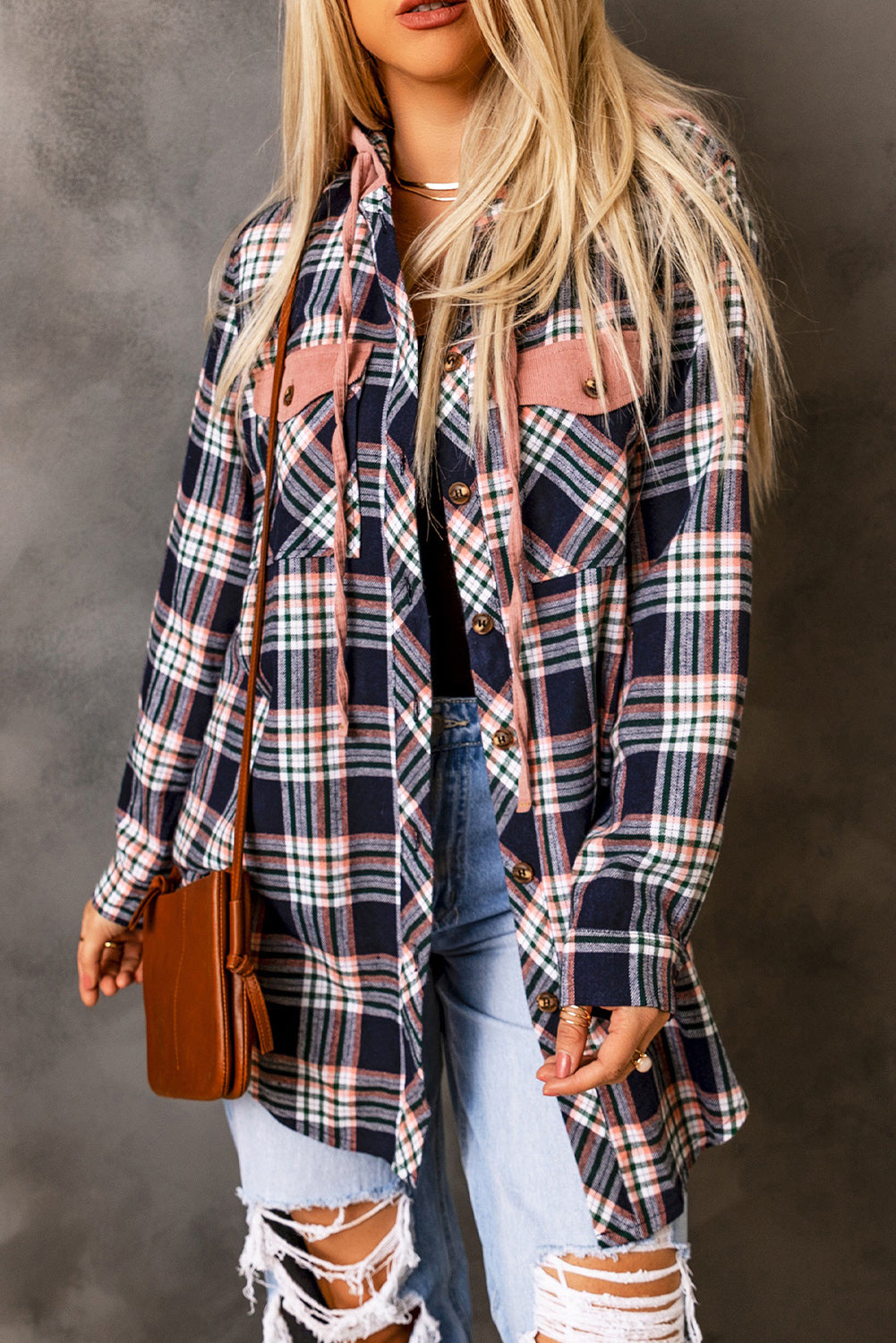 Pink Plaid Contrast Hooded Drawstring Shacket *