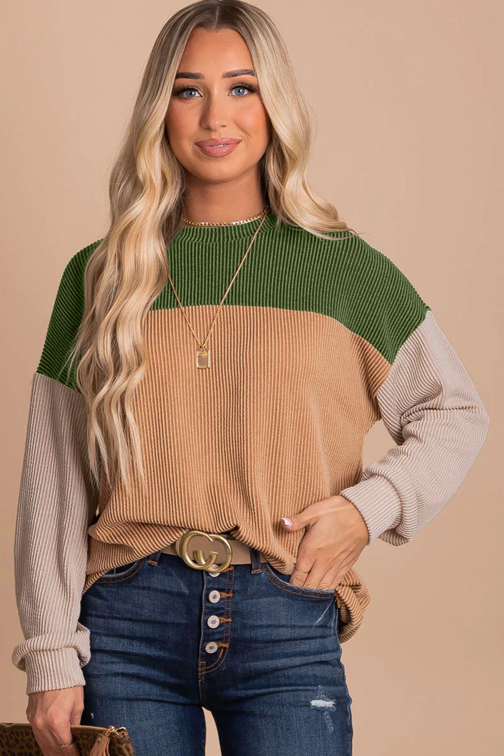 Black Color Block Corduroy Long Sleeve Top *