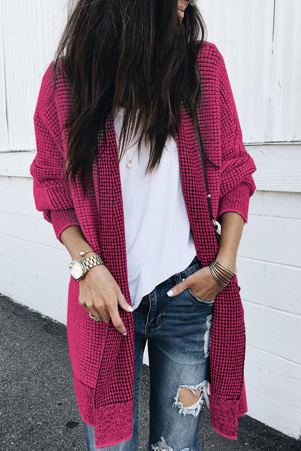 Pink Plaid Contrast Trim Casual Knit Long Cardigan*