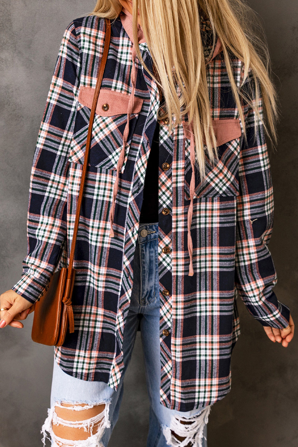 Pink Plaid Contrast Hooded Drawstring Shacket *