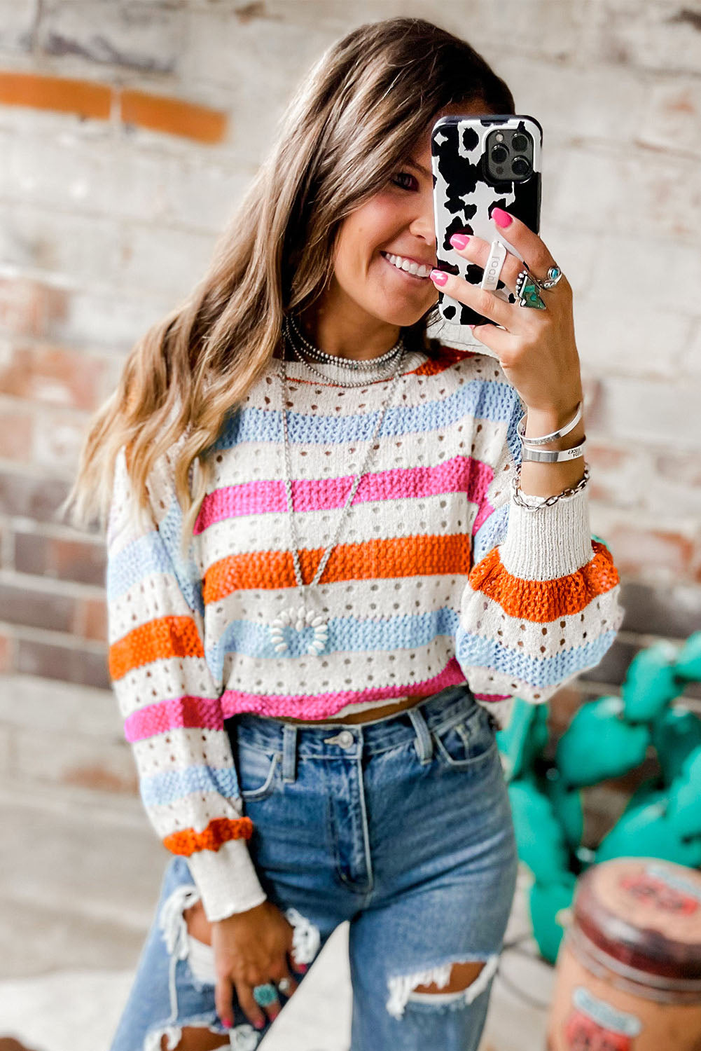 Multicolor Striped Hollowed Knitted Loose Sweater *