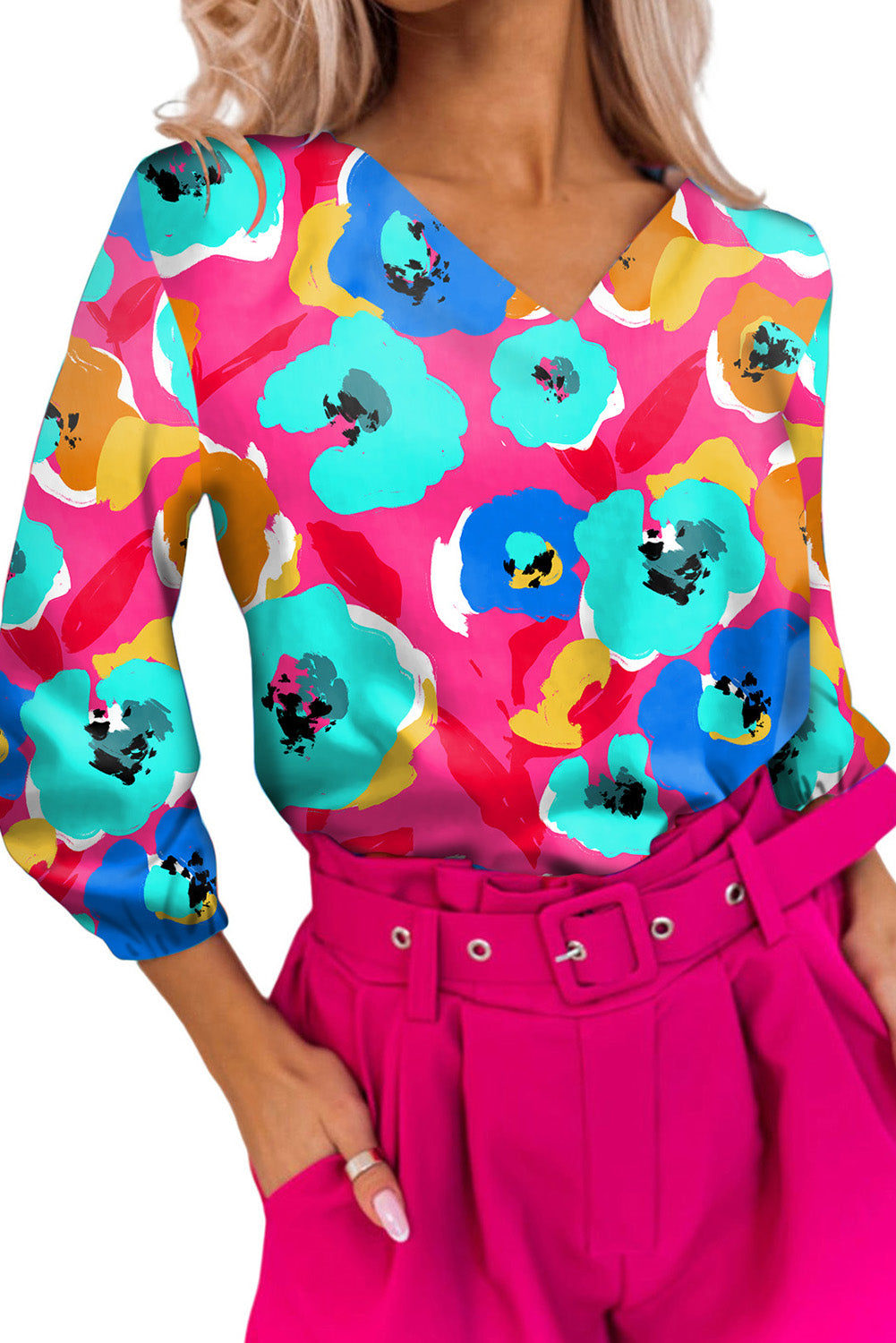 Multicolor Floral Print Casual V Neck Blouse