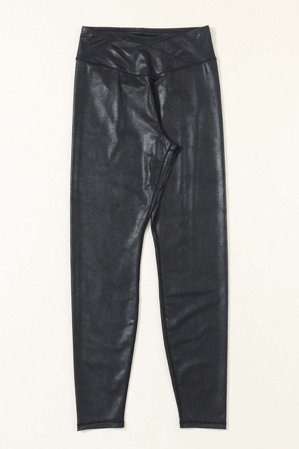 Black Crossed Dip Waist Sleek Leather Leggings*