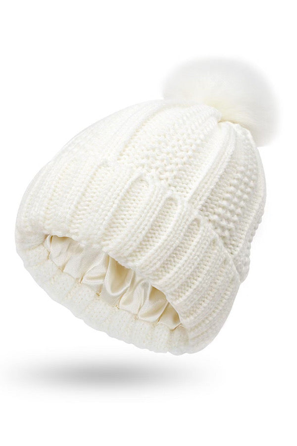 White Satin Lined Pom Beanie