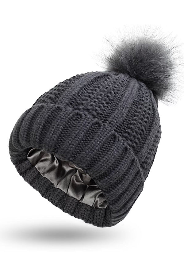 Dark Gray Satin Lined Pom Beanie