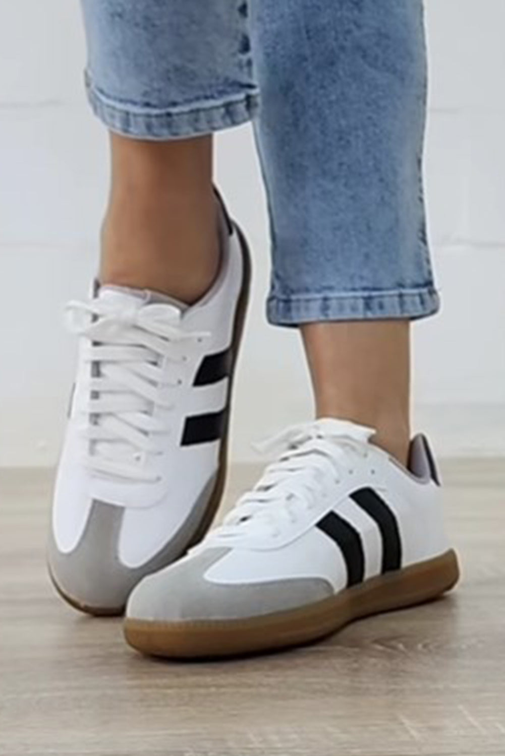 Black Striped Lace Up Flat Sneakers