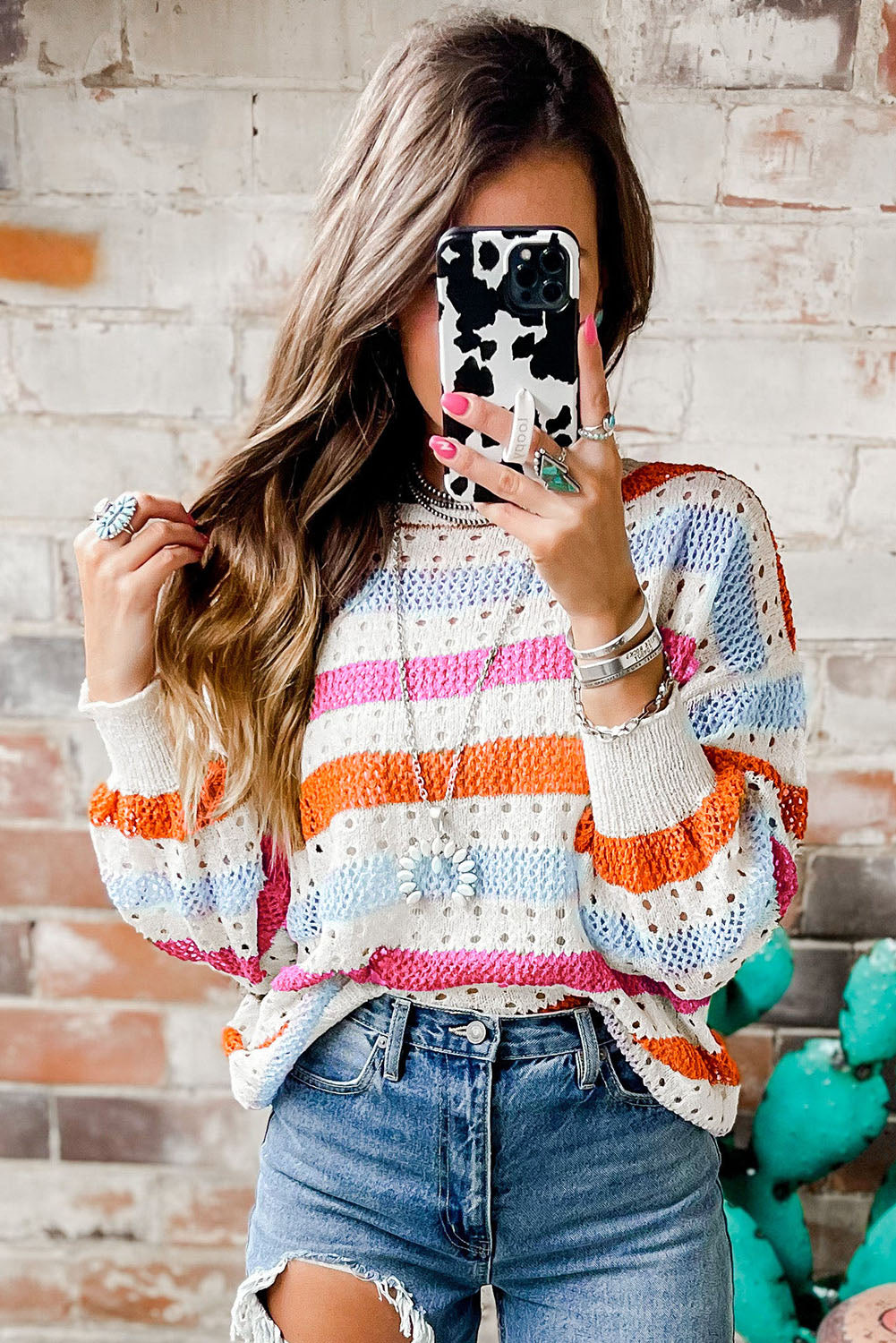 Multicolor Striped Hollowed Knitted Loose Sweater *