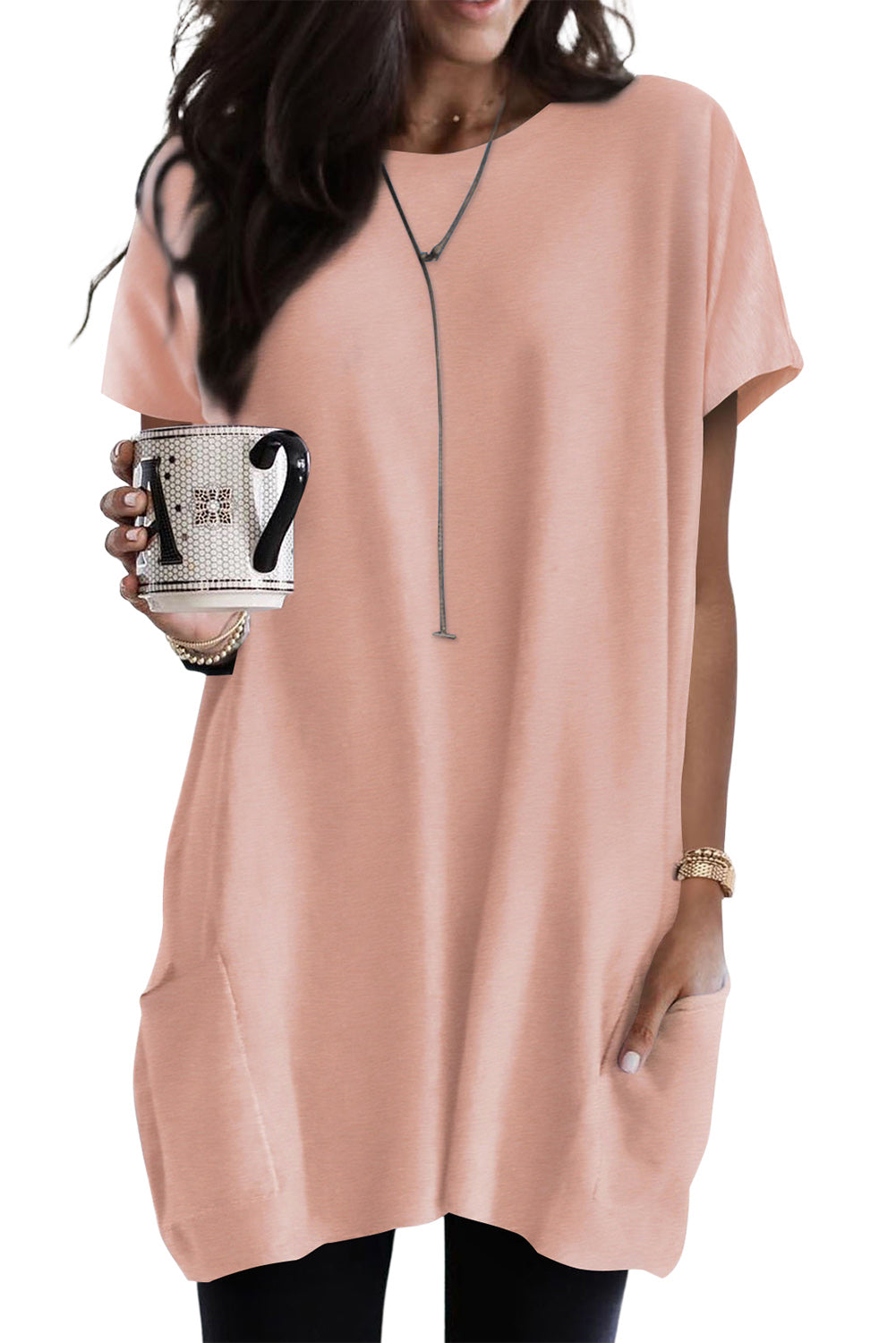 Light Blue Loose Pocket Casual Tunic Long T-Shirt