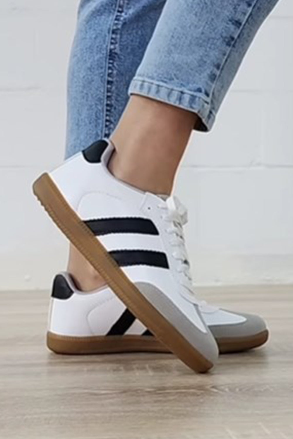 Black Striped Lace Up Flat Sneakers