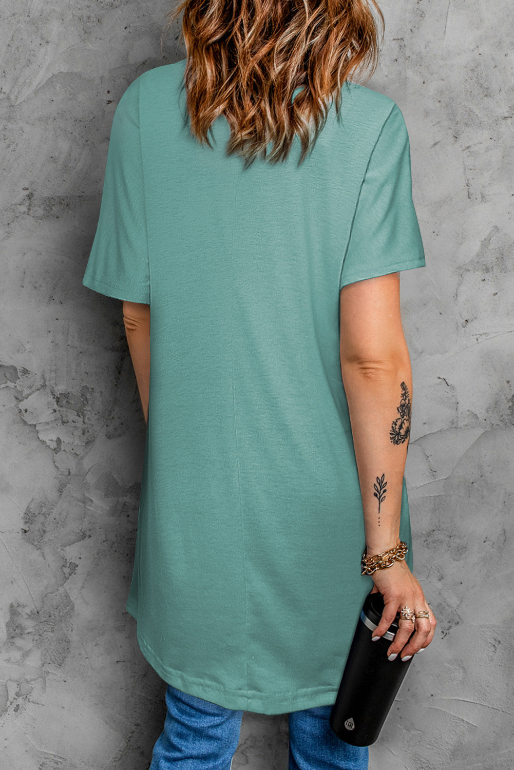 Light Blue Loose Pocket Casual Tunic Long T-Shirt