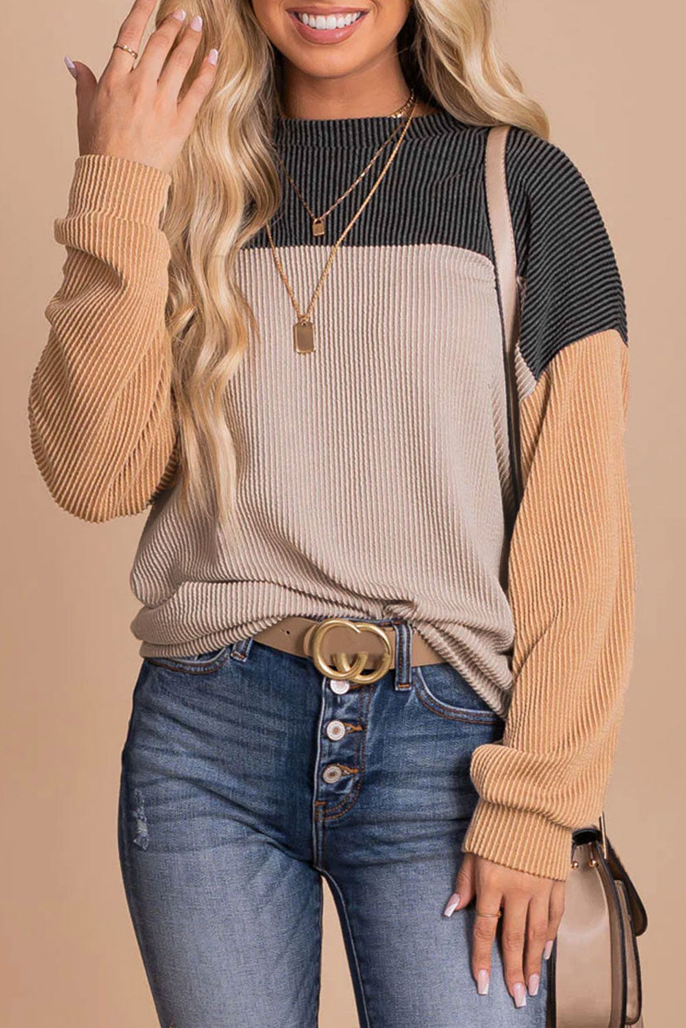 Black Color Block Corduroy Long Sleeve Top *