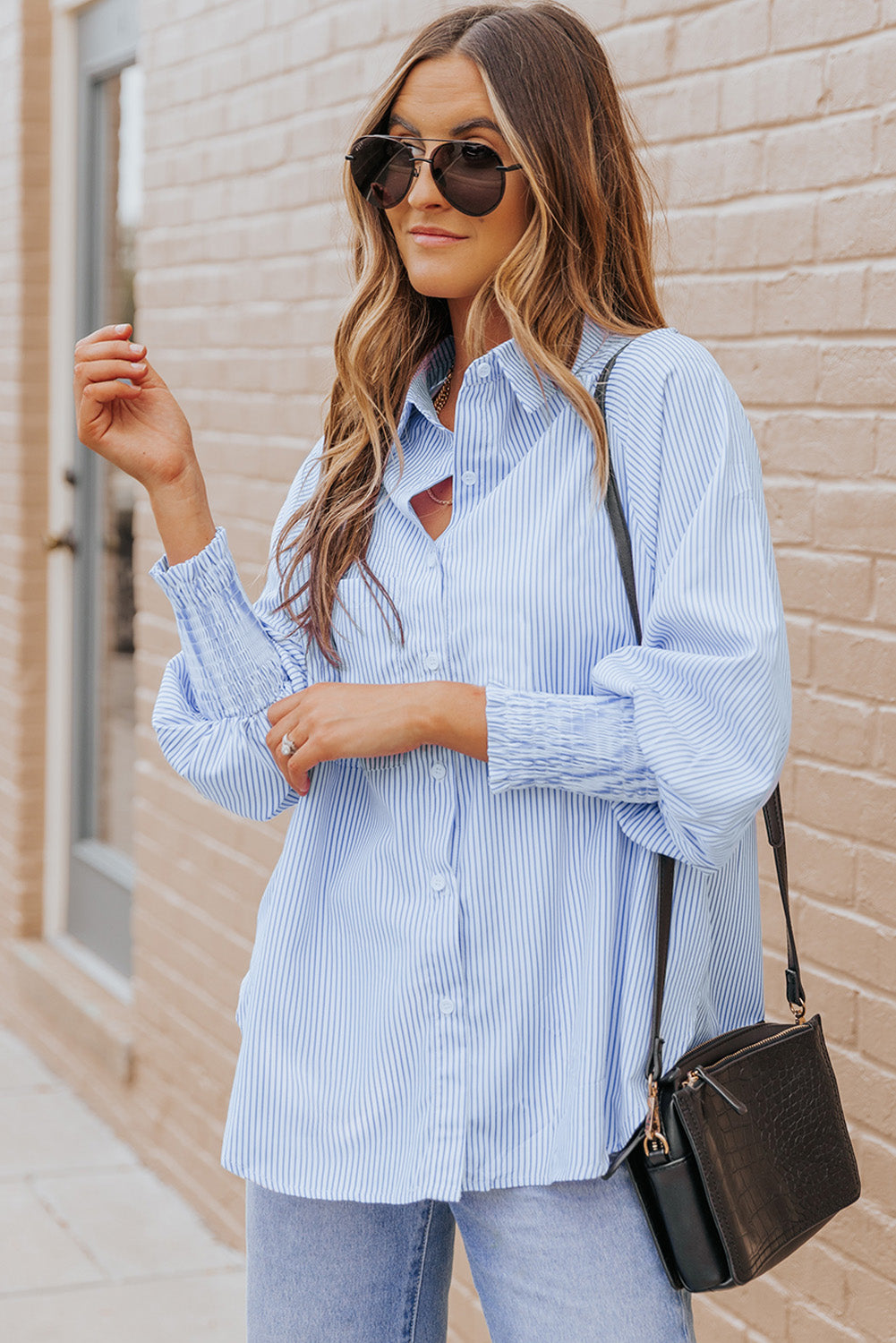 Black Striped Casual Shirred Cuffs Shirt *