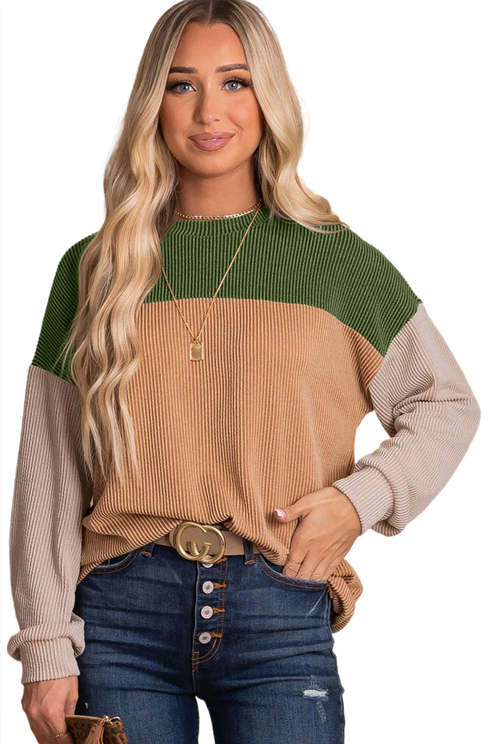 Black Color Block Corduroy Long Sleeve Top *