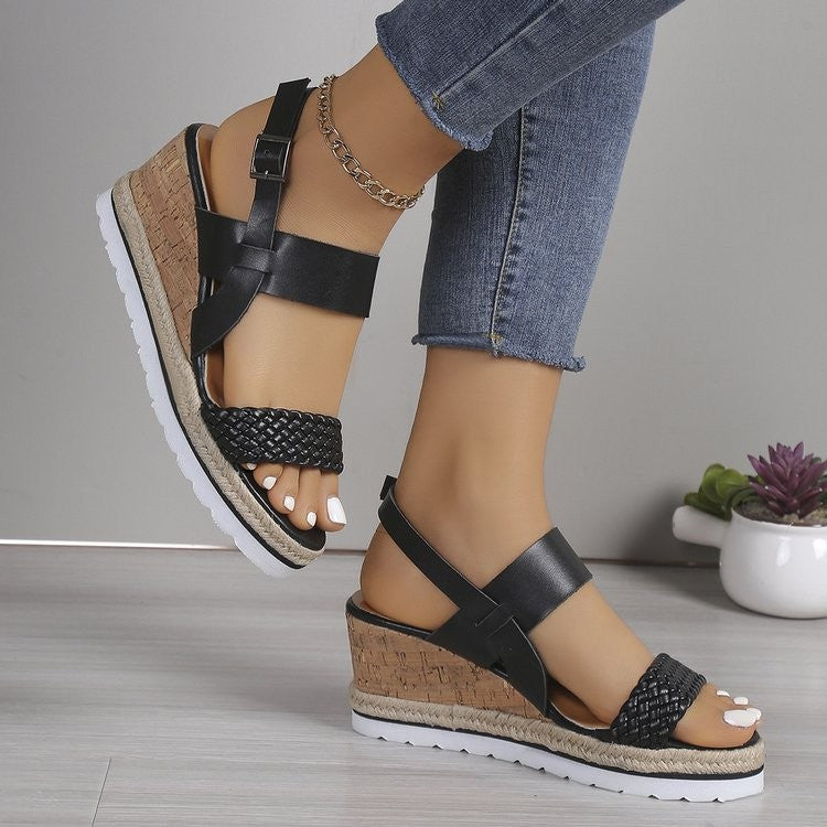 PU Leather Woven Wedge Sandals