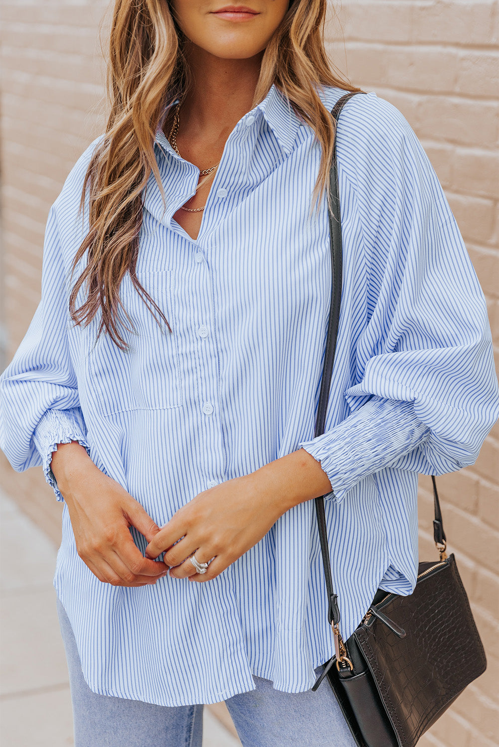 Black Striped Casual Shirred Cuffs Shirt *