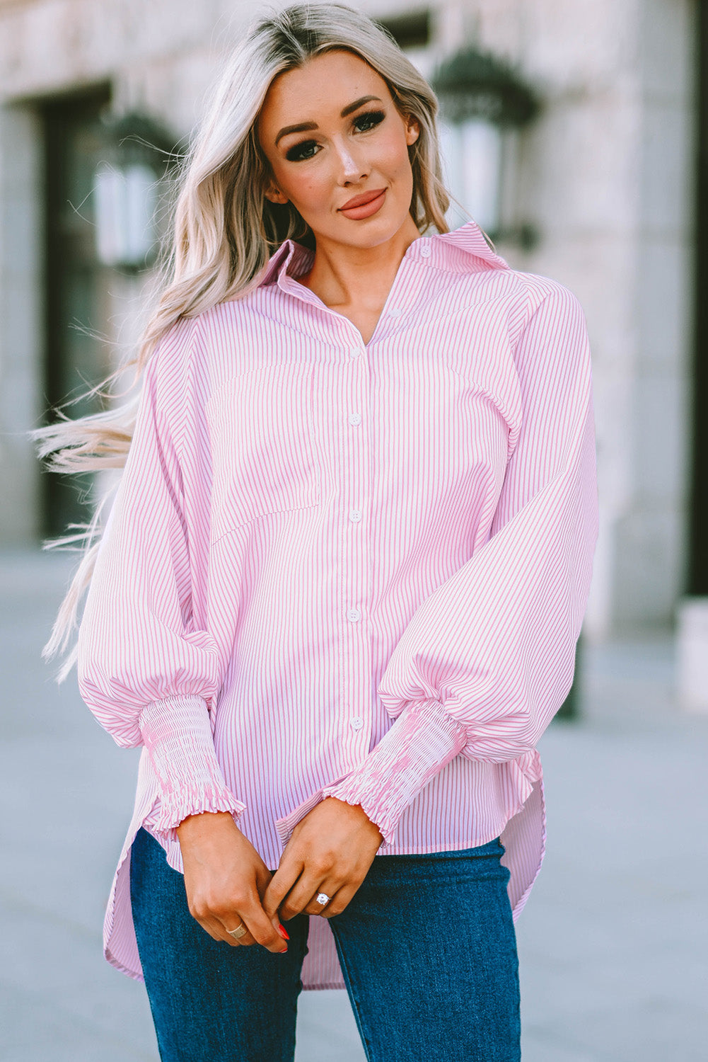 Black Striped Casual Shirred Cuffs Shirt *