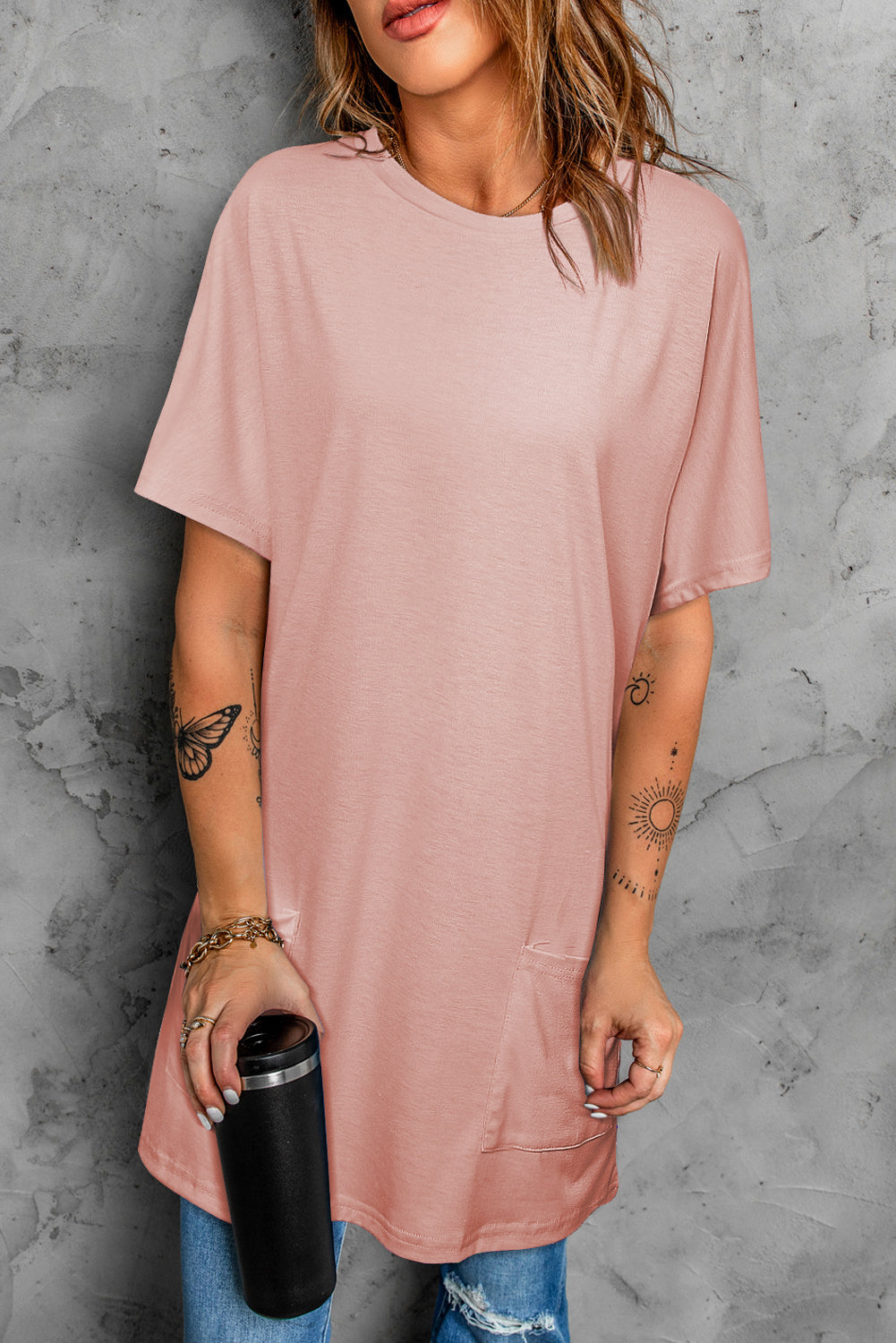 Light Blue Loose Pocket Casual Tunic Long T-Shirt