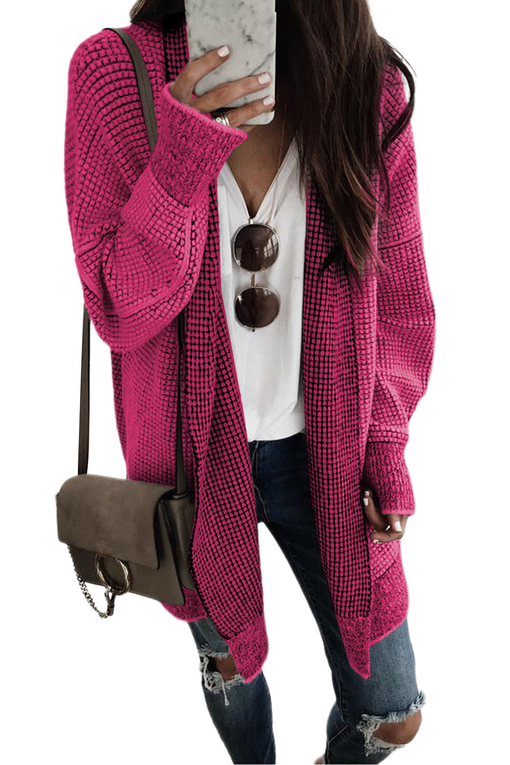 Pink Plaid Contrast Trim Casual Knit Long Cardigan*