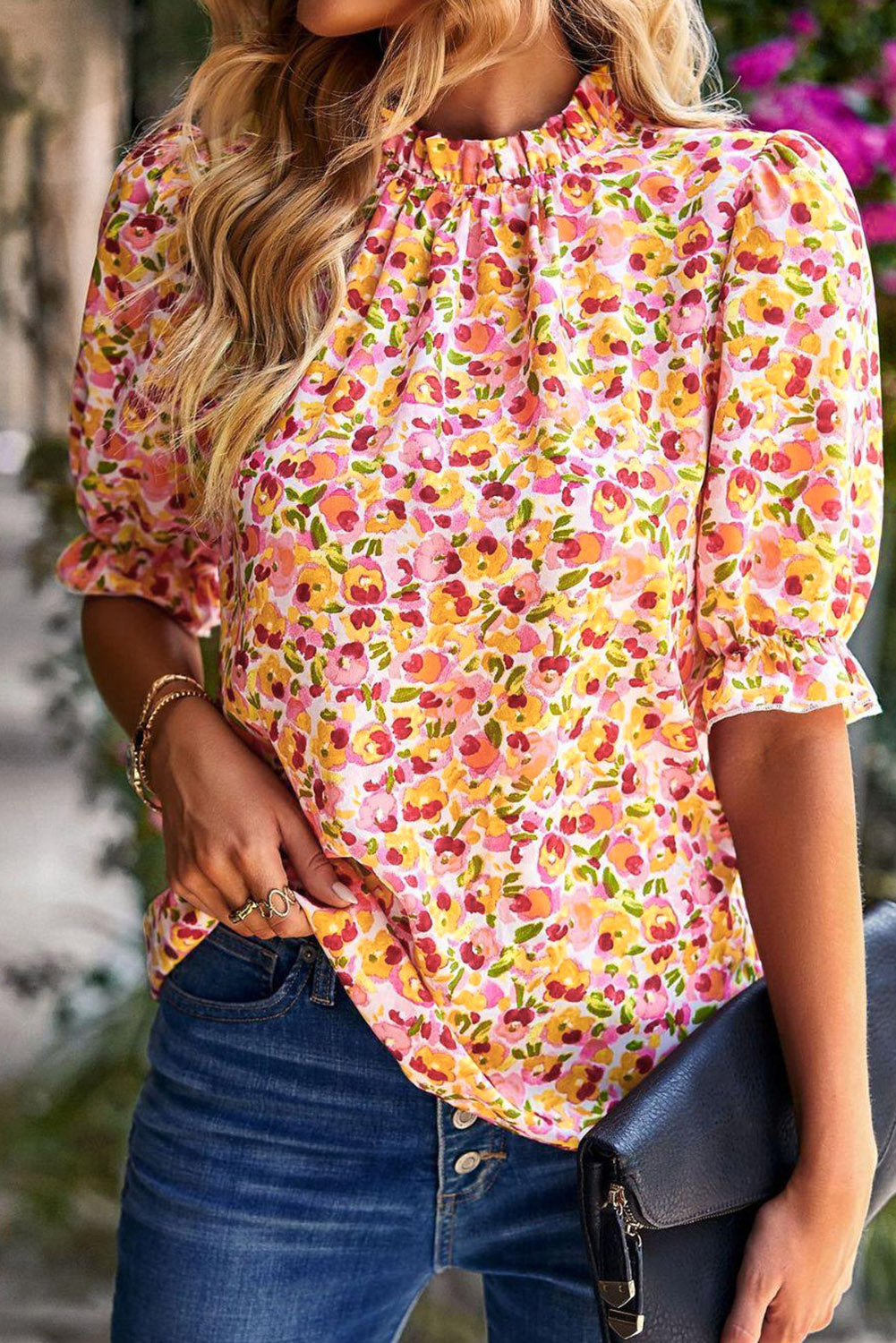 Yellow Floral Boho Frill Mock Neck Blouse