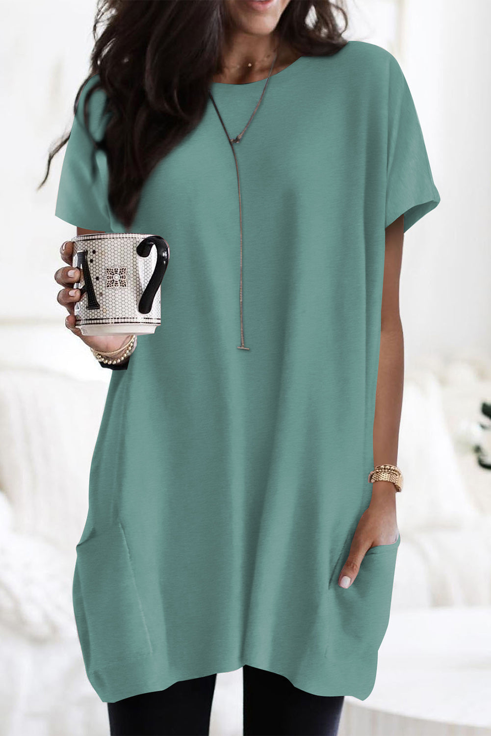 Light Blue Loose Pocket Casual Tunic Long T-Shirt