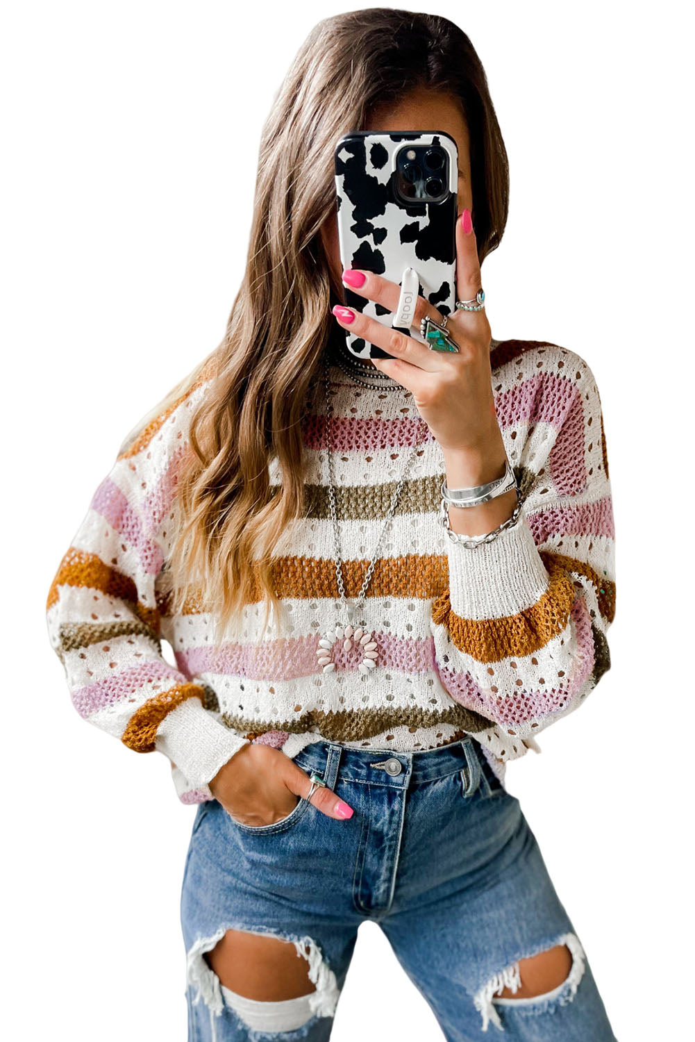 Multicolor Striped Hollowed Knitted Loose Sweater *