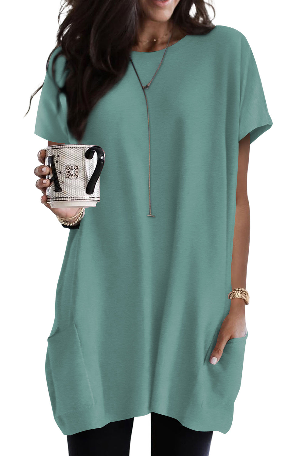 Light Blue Loose Pocket Casual Tunic Long T-Shirt