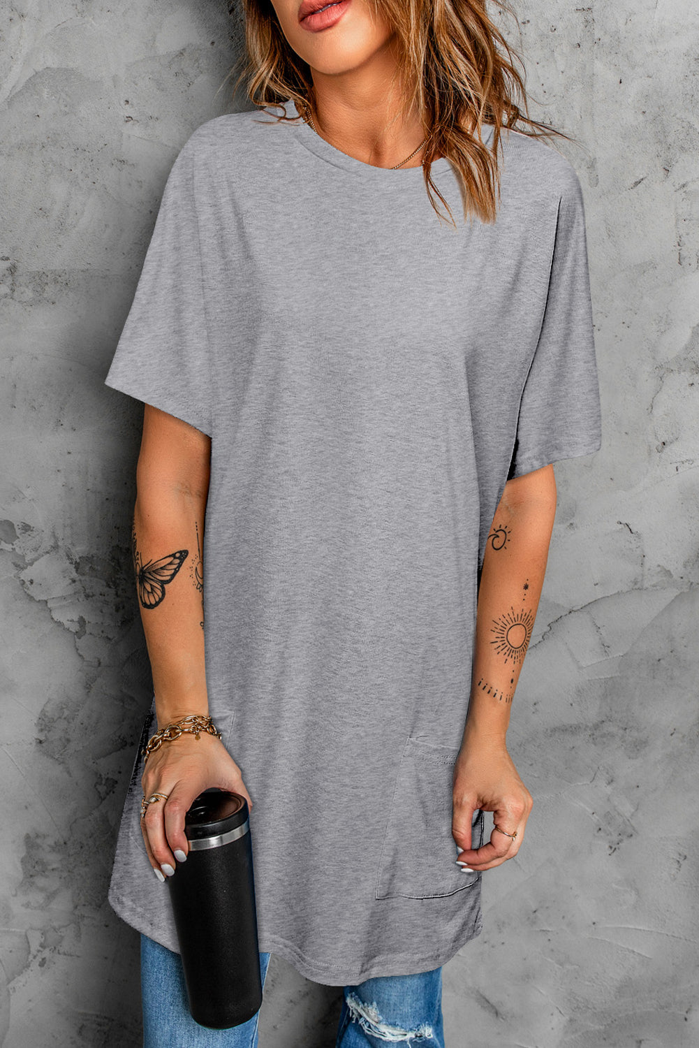 Light Blue Loose Pocket Casual Tunic Long T-Shirt