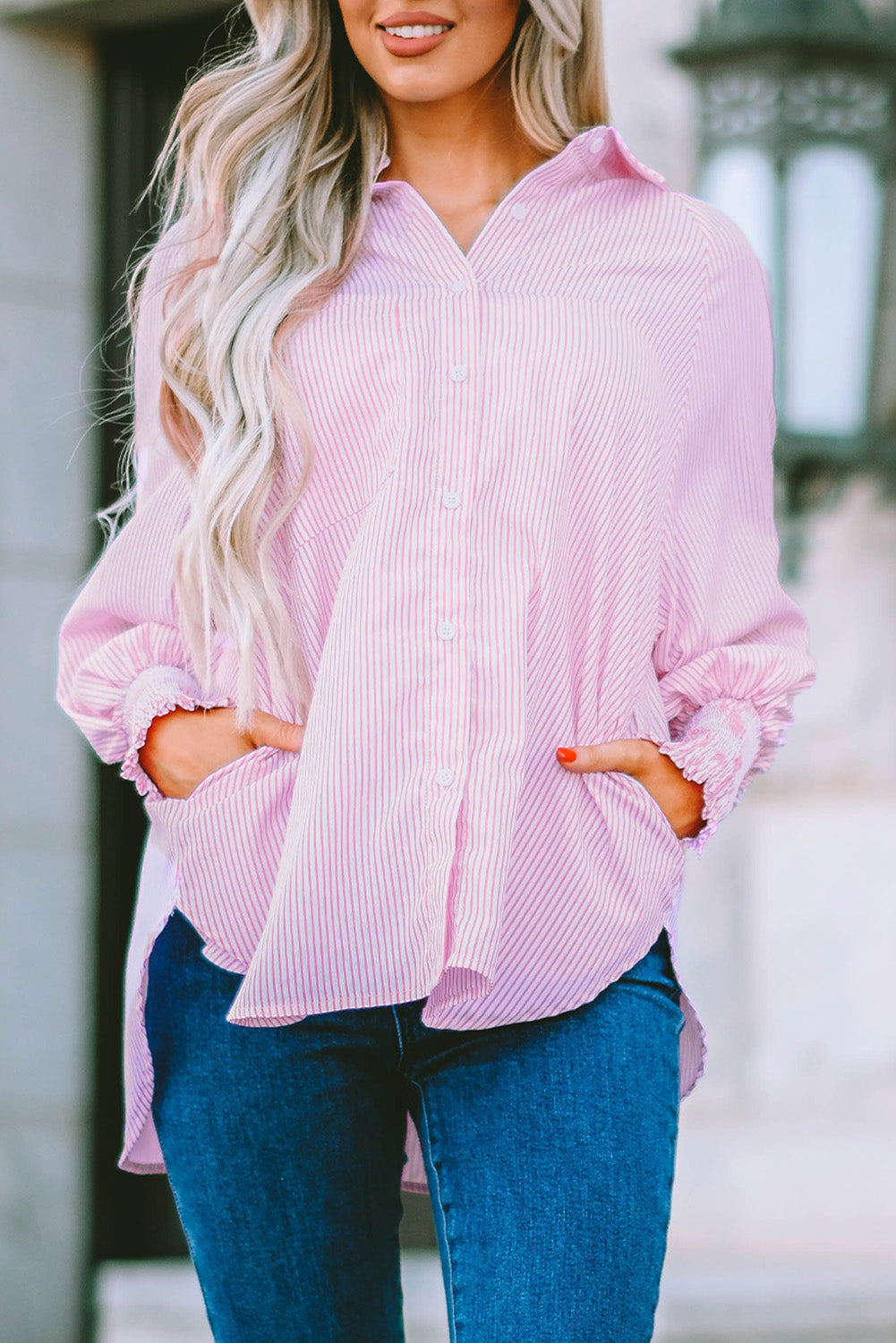 Black Striped Casual Shirred Cuffs Shirt *