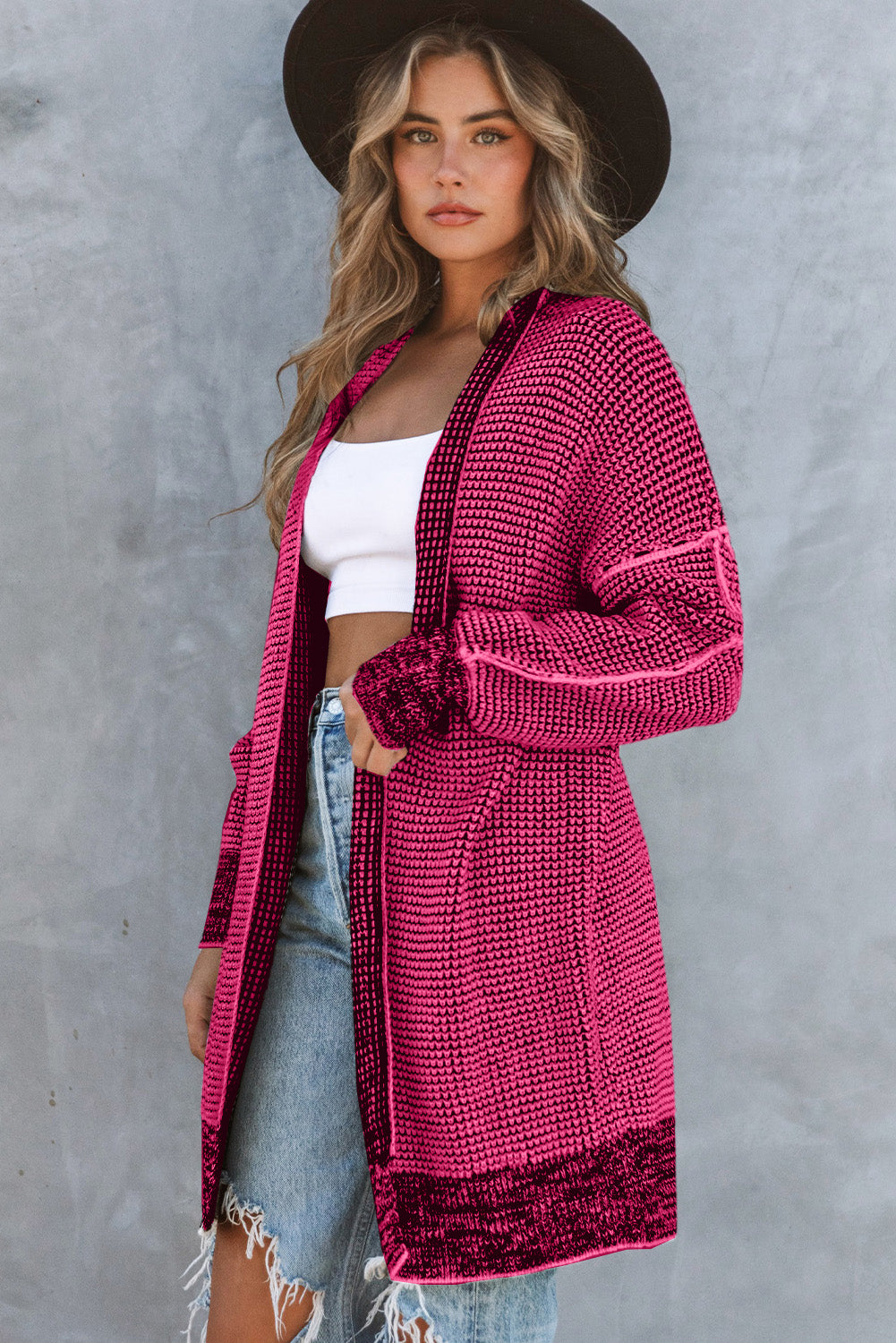 Pink Plaid Contrast Trim Casual Knit Long Cardigan*