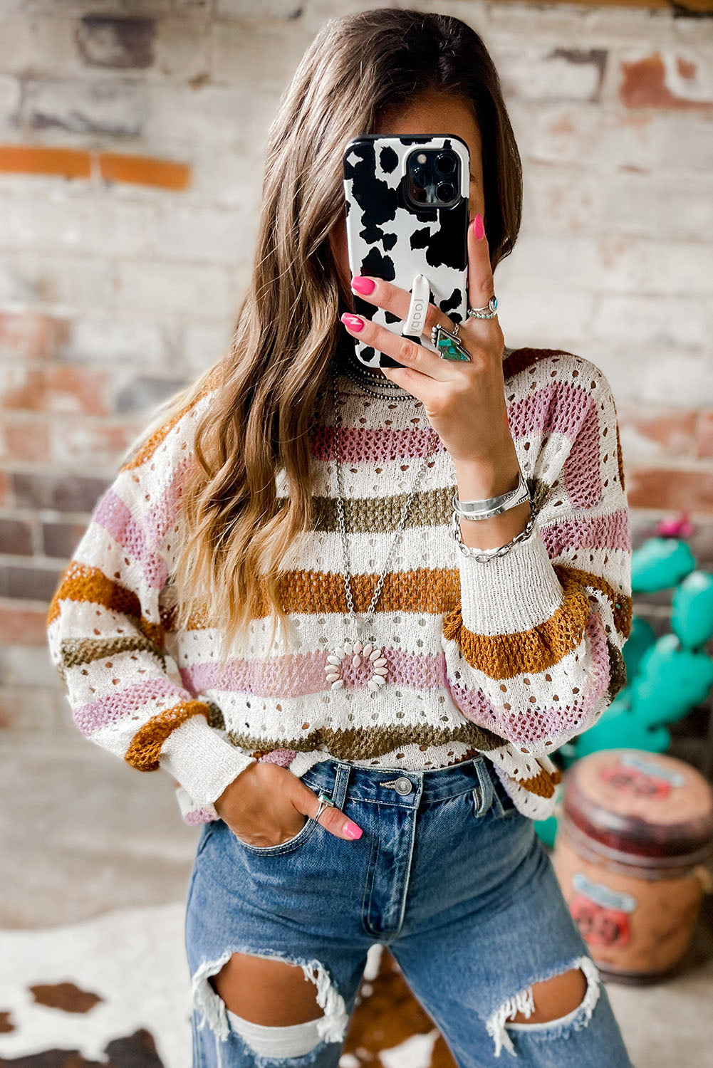 Multicolor Striped Hollowed Knitted Loose Sweater *