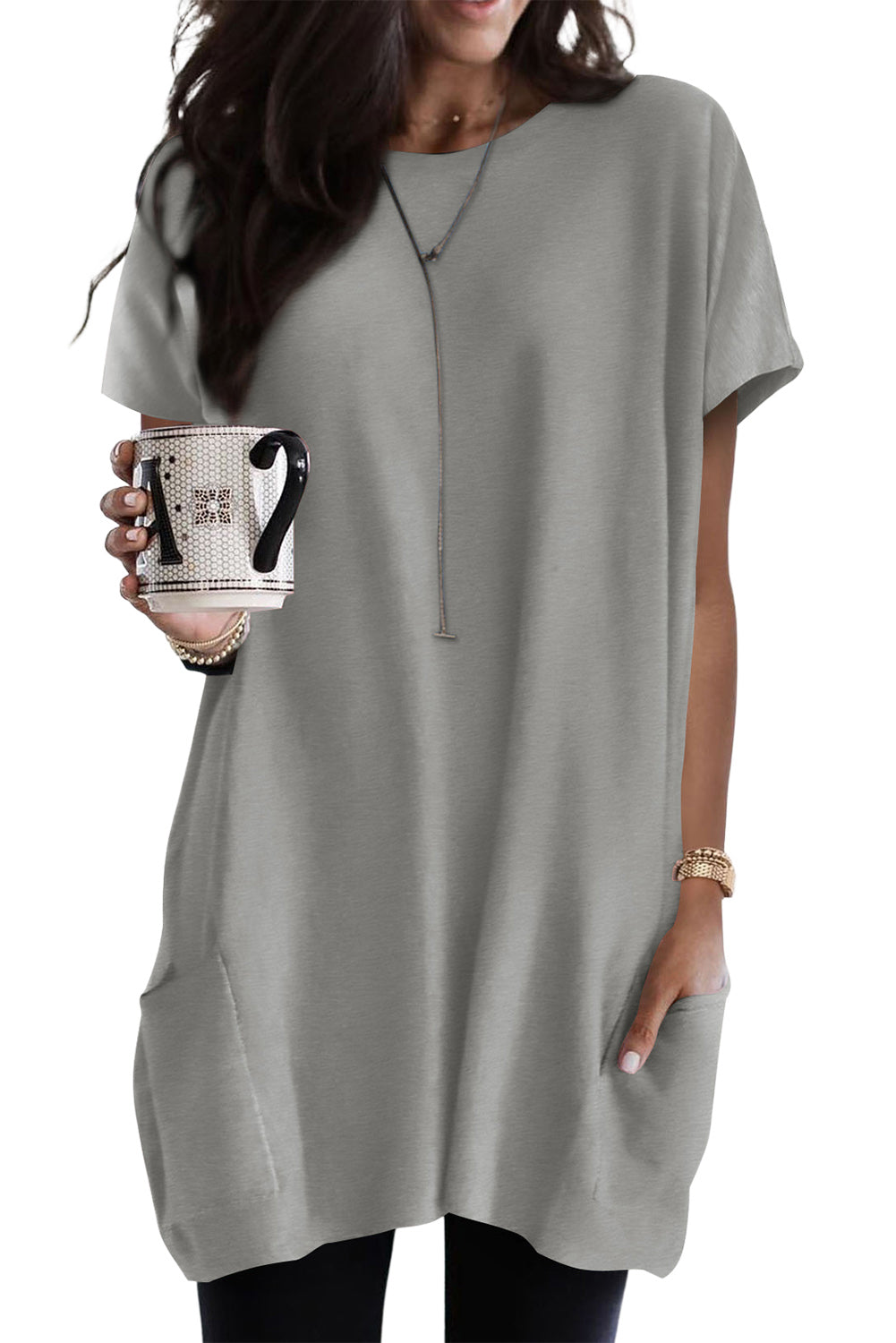 Light Blue Loose Pocket Casual Tunic Long T-Shirt