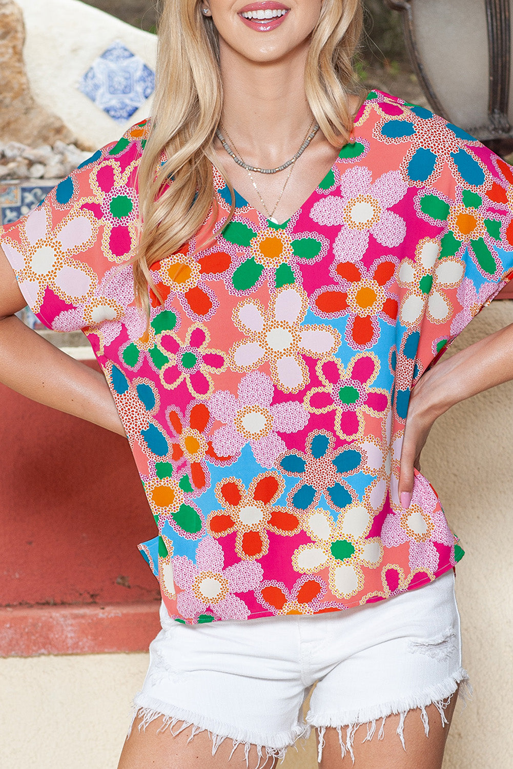 Multicolor Abstract Print V Neck Short Sleeve Dolman Blouse