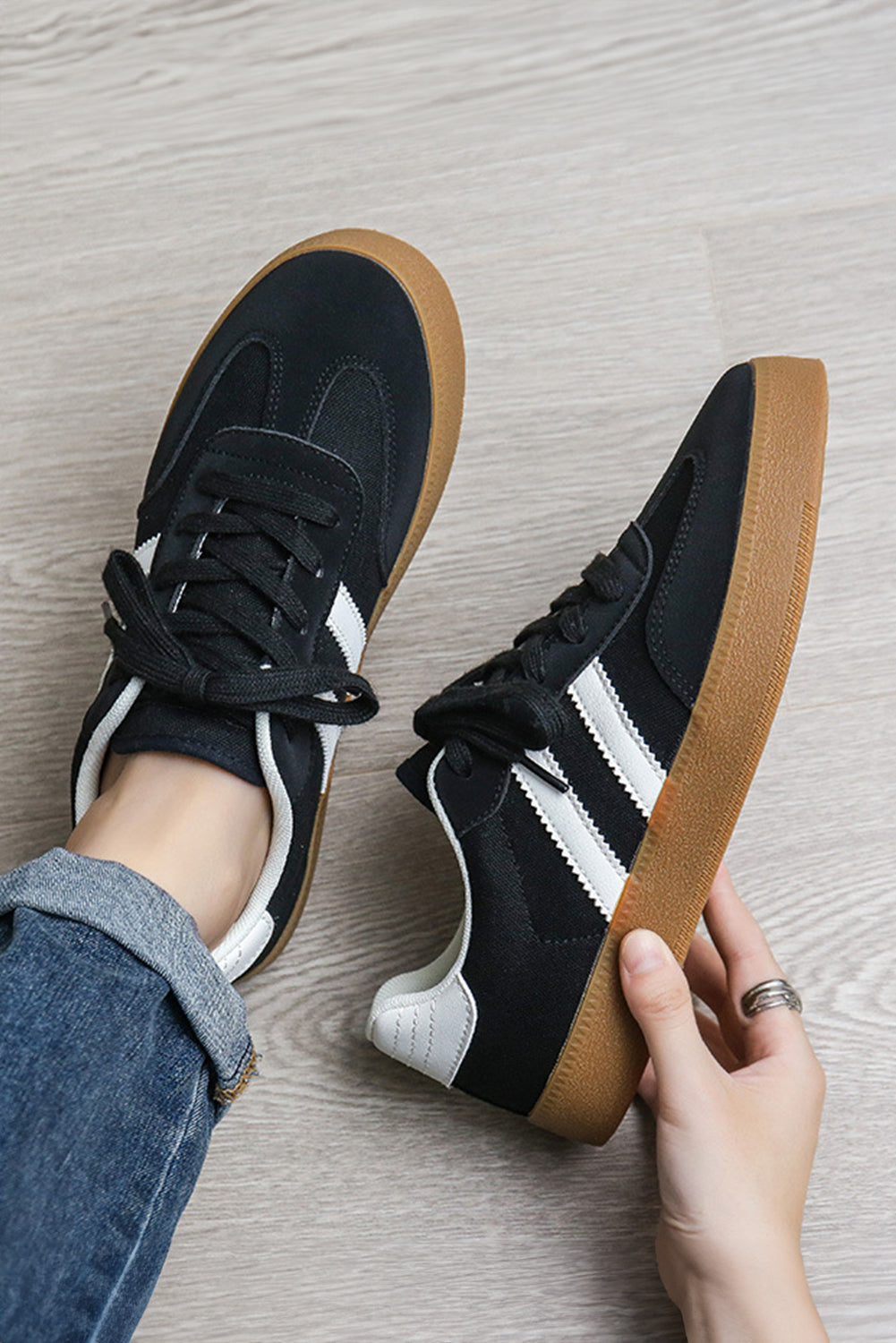 Black Striped Lace Up Flat Sneakers