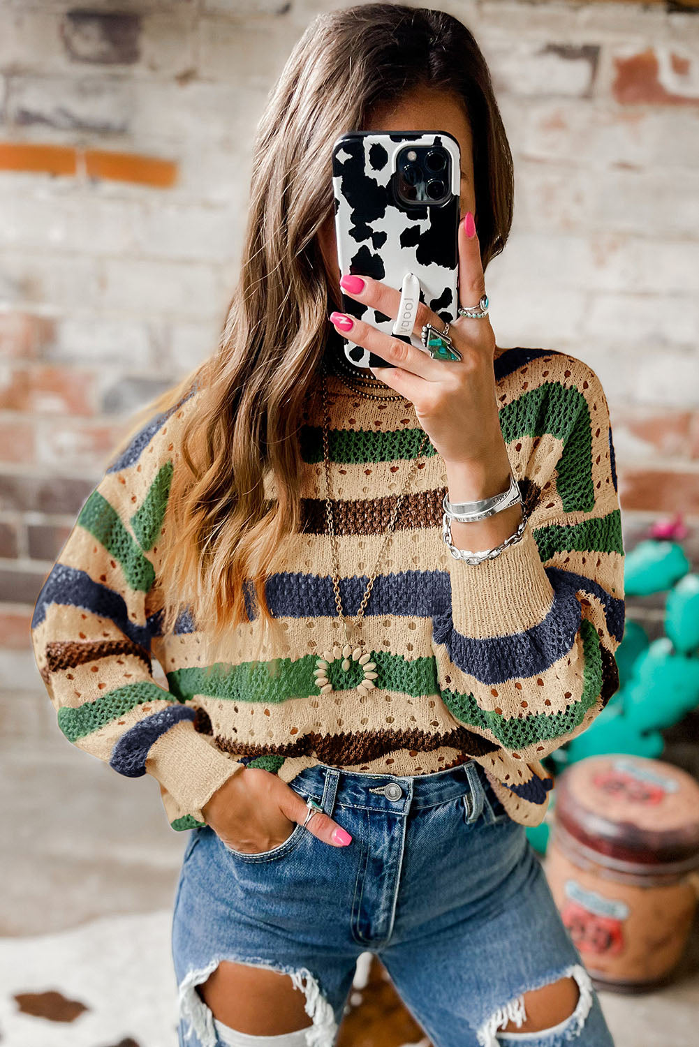 Multicolor Striped Hollowed Knitted Loose Sweater *