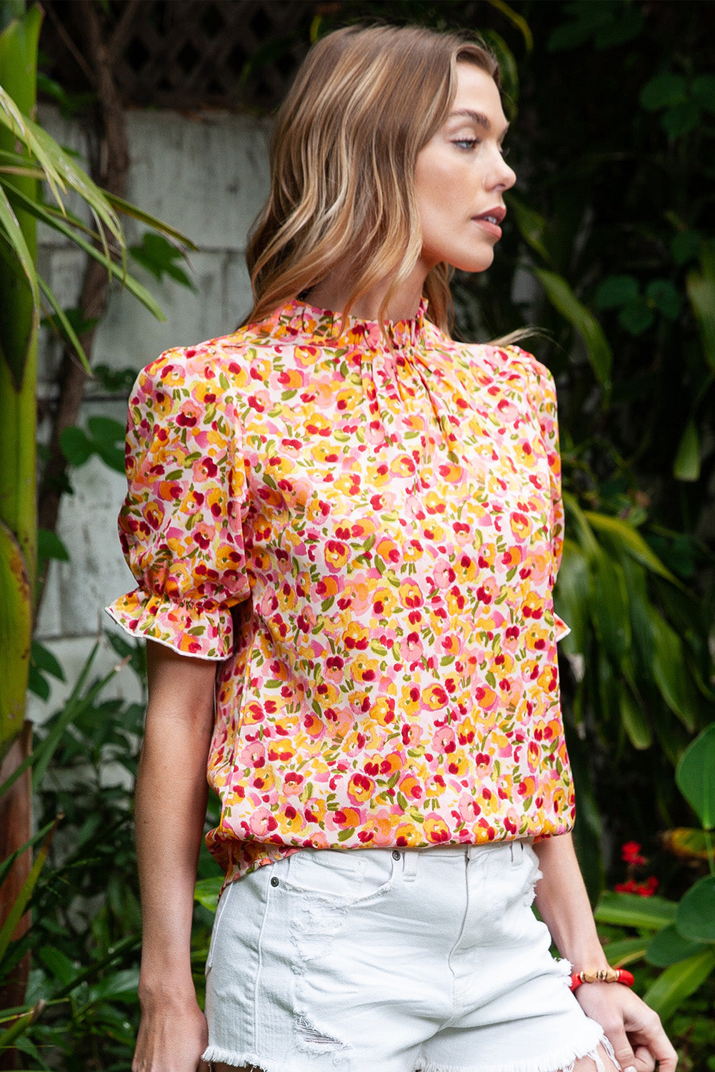 Yellow Floral Boho Frill Mock Neck Blouse