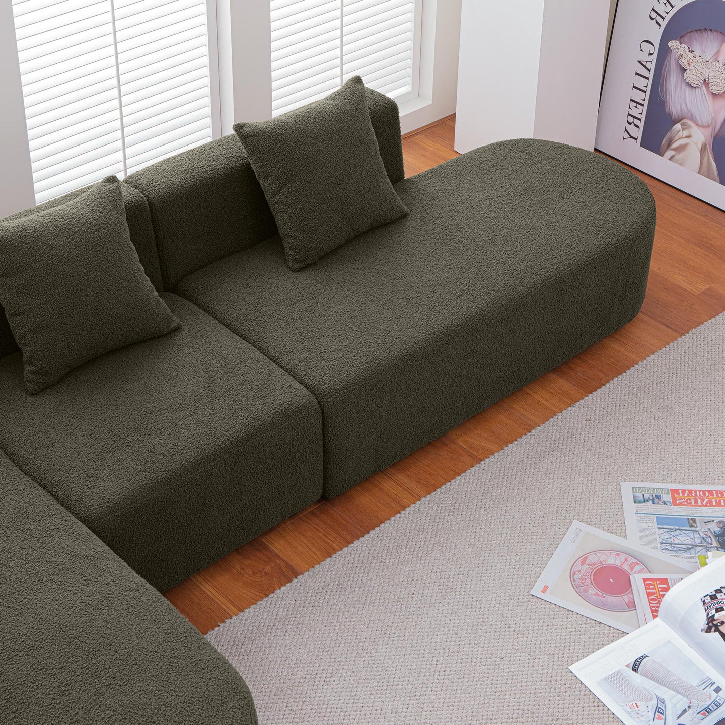 L shape Boucle Sofa with Curved Seat