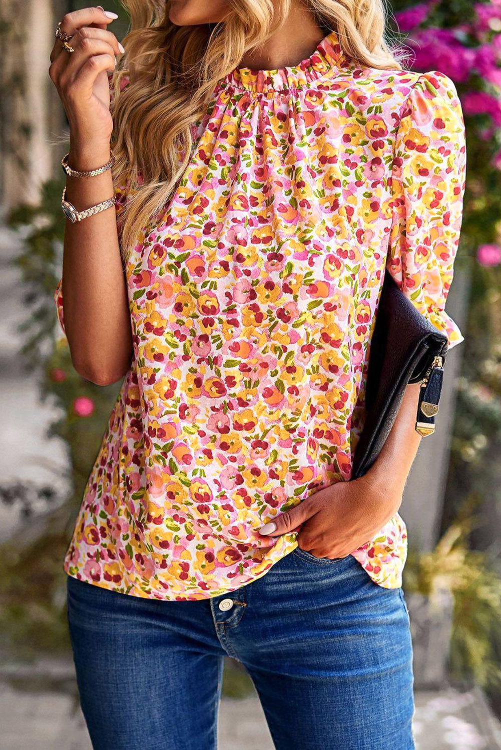 Yellow Floral Boho Frill Mock Neck Blouse