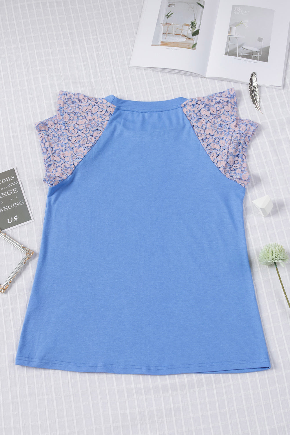 Light Blue Casual Tiered Lace Sleeve Summer Top*