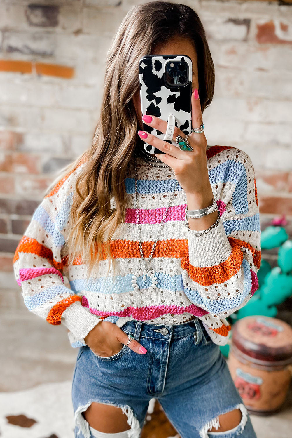 Multicolor Striped Hollowed Knitted Loose Sweater *