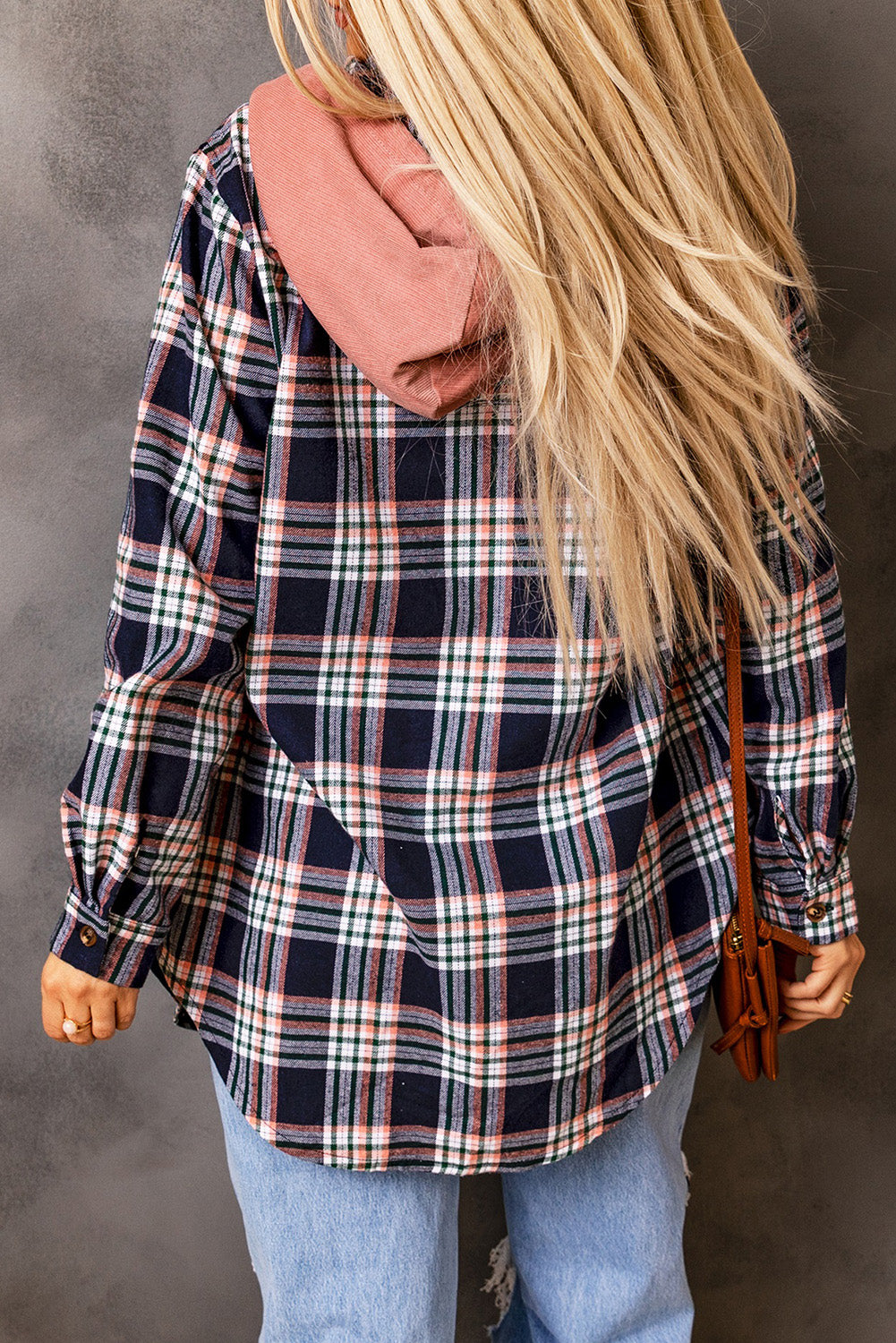 Pink Plaid Contrast Hooded Drawstring Shacket *