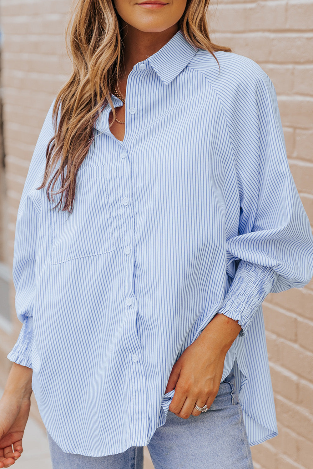 Black Striped Casual Shirred Cuffs Shirt *