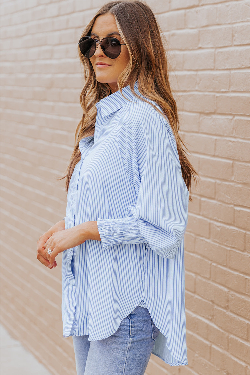 Black Striped Casual Shirred Cuffs Shirt *